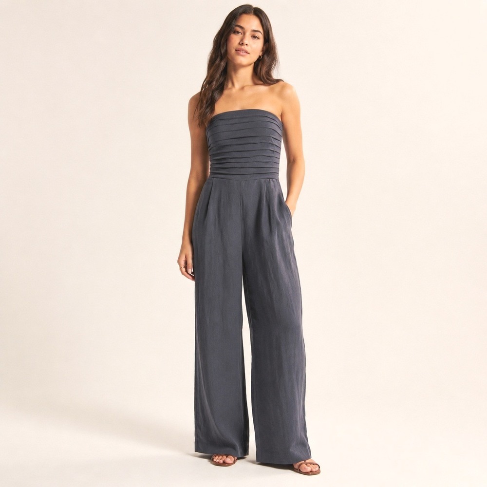 Abercrombie & Fitch XXSP Black Linen‎ Blend Strapless Wide Leg Jumpsuit Resort